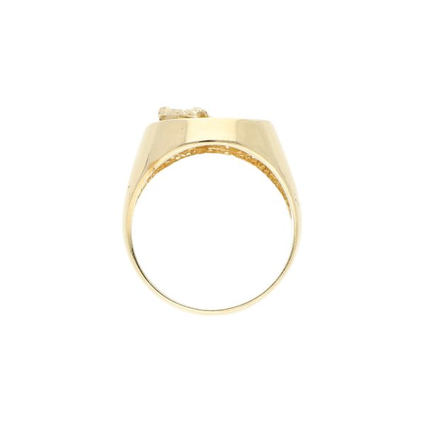 Anillo diseño especial motivo caballo con sintéticos en oro amarillo 14 kilates. on Sale