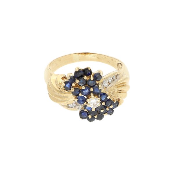 Anillo diseño especial con diamantes y zafiros en oro amarillo 14 kilates. Online