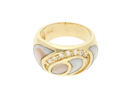 Anillo estilizado con circonias y perla en oro amarillo 14 kilates. For Cheap