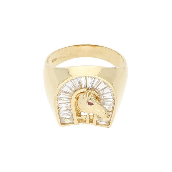 Anillo diseño especial motivo caballo con sintéticos en oro amarillo 14 kilates. on Sale