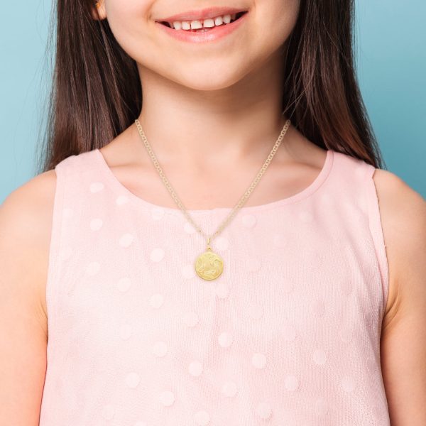 Collar infantil eslabón nudo marino y medalla troquelada motivo bautizo en oro amarillo 14 kilates. Supply