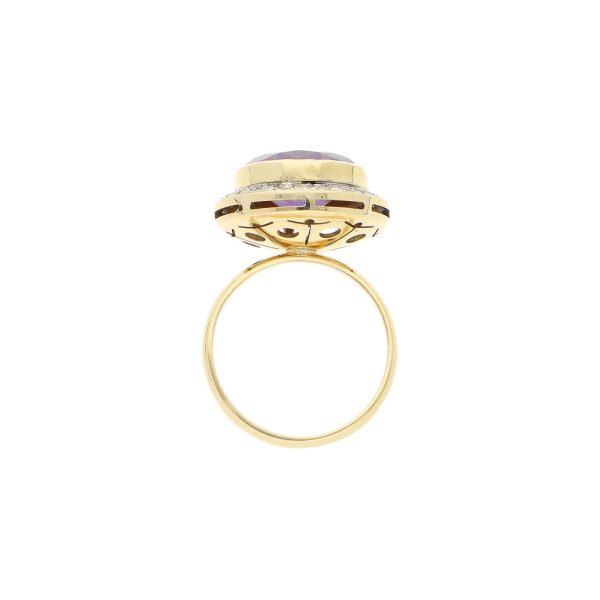 Anillo diseño especial con diamantes y alejandrina en oro amarillo 14 kilates. Fashion