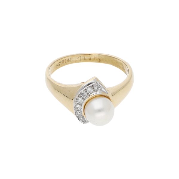 Anillo diseño especial con diamantes y perla en oro amarillo 14 kilates. Online Sale